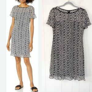 KARL LAGERFELD PARIS Women's Chiffon Shift Dress SZ 2 Black White Ditsy Floral